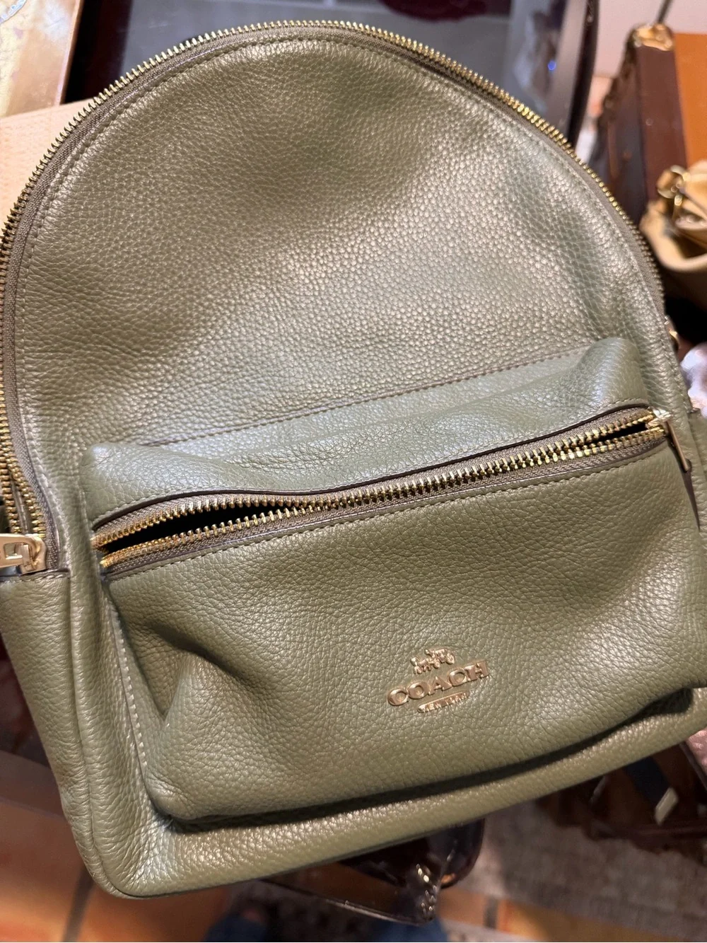 Coach Olive Green Pebbled Leather Backpack with Gold-Tone Hardware
